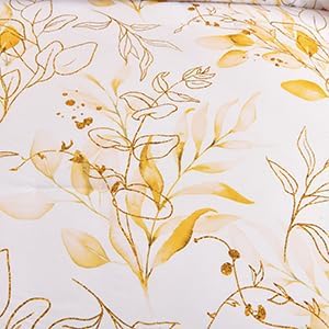 WONGS BEDDING Yellow Botanical Comforter Set Full, 7 Pieces Floral Bed in a Bag Gloden Leaves Bedding Set Soft Microfiber Full(1 Comforter,2 Pillowcase,2 Pillow Shams,1 Flat Sheet,1 Fitted Sheet)