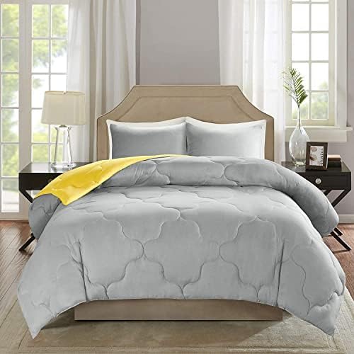 Comfort Spaces Vixie Reversible Comforter Set - Trendy Casual Geometric Quilted Cover, All Season Down Alternative Cozy Bedding, Matching Sham, Grey/Yellow, Full/Queen 3 piece