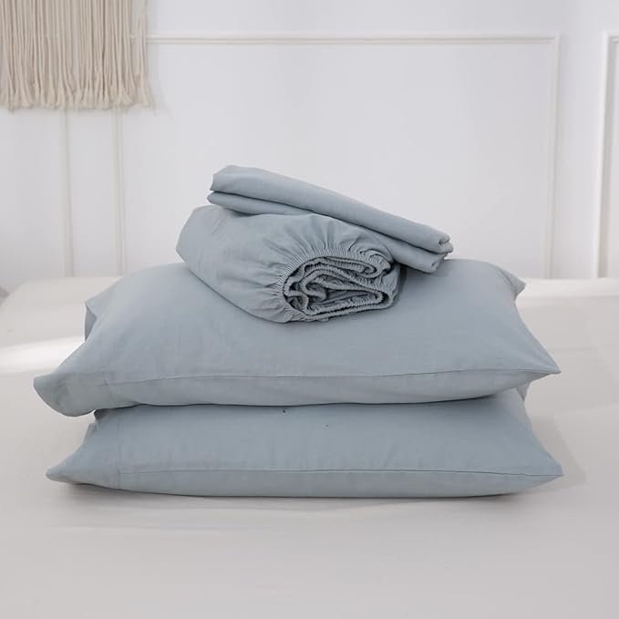Simple&Opulence Belgian Linen Sheet Set Solid Color - 4 Pieces (1 Flat Sheet, 1 Fitted Sheet & 2 Pillowcases) Natural Flax Cotton Blend Soft Breathable Farmhouse Bedding - Queen Size, Dusty Blue