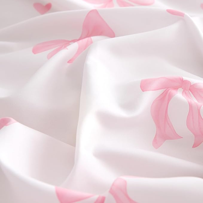 Bow Comforter Set Queen 3 Pieces Light Pink Heart Bedding Set for Girls Kids,Cute Princess Style Bedding, Super Soft Microfiber Comforter with 2 Pillowcases