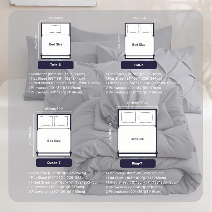 Sheet&Joy Full Size Comforter Set,7-Piece Bed in a Bag Double, Pintuck Bedding Set for All Season, Includes Comforter, Flat Sheet, Fitted Sheet, Pillowcases and Pillowshams, Khaki