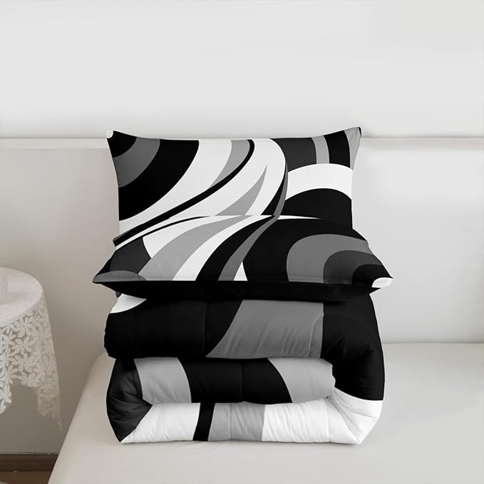 Gray Black White Spiral King Bedding Set for Adult Women Men Modern Swirls Stripes Abstract Comforter Sets for Minimalists Boho Aesthetic Geometric Bed Sets Graffiti Art Lines Quilt Sets