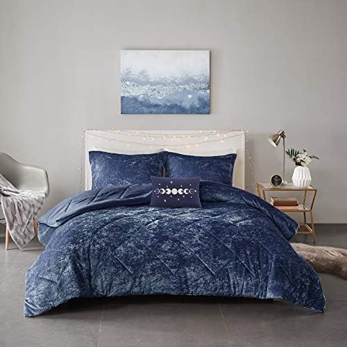 Intelligent Design Twin Comforter Set, Velvet Comforter Set , Luxury Diamond Quilting Comforter Set, Fluffy Comforter Bed Set with Decorative Pillowand 1 Sham, 3 Piece Navy, Twin/Twin XL