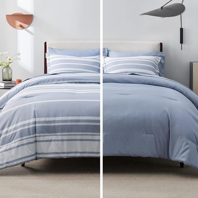 Bedsure Queen Comforter Set 7 Pieces, Blue Striped Bedding Set for All Seasons, Reversible, Cationic Dyeing Bed in a Bag with Comforter, Sheets, Pillowcases & Shams