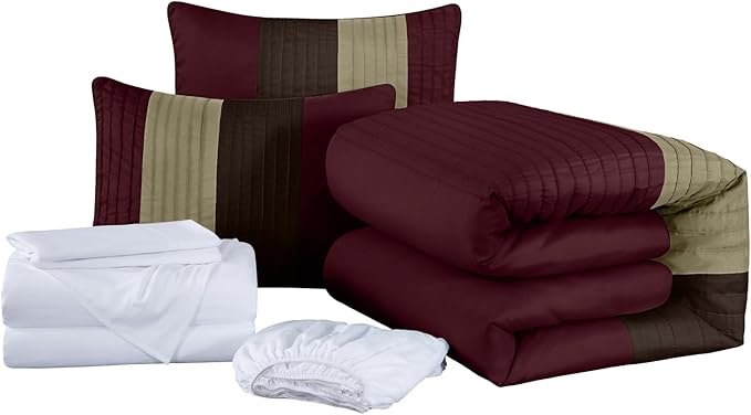 Chezmoi Collection Briar 7-Piece California King Bed in a Bag - All Season Lightweight Microfiber Comforter Set - Includes Sheets & Shams - Burgundy/Coffee/Brown Pleated Stripe Design