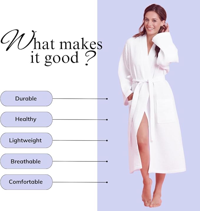 Luxurious Bathrobe for Women - Soft & Absorbent - Lightweigh & Comfort - Long & Kimono - Waffle & Cotton - Hotel/Spa Robe