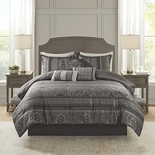 Madison Park Bellagio Cozy Comforter Set - Luxurious Jaquard Traditional Damask Design, All Season Down Alternative Bedding with Matching Shams, Decorative Pillow, King(104"x92") , Grey 7 Piece