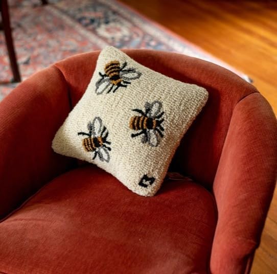 Chandler 4 Corners Artist-Designed Three Bees Hand-Hooked Wool Decorative Throw Pillow (14 in x 14 in) Farm & Garden Pillow for Couches & Beds - Low Maintenance Nature Garden Honey Bee Pillow
