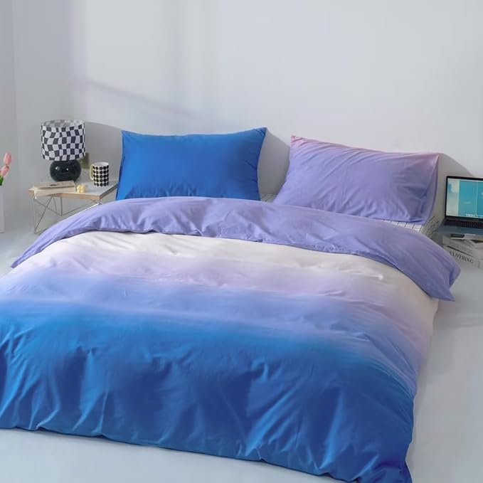 CLOTHKNOW Blue Purple King Size Comforter Sets Blue Bedding Comforter Sets Purple Comforter Soft Blue White Comforter with 2 x Pillow Cases