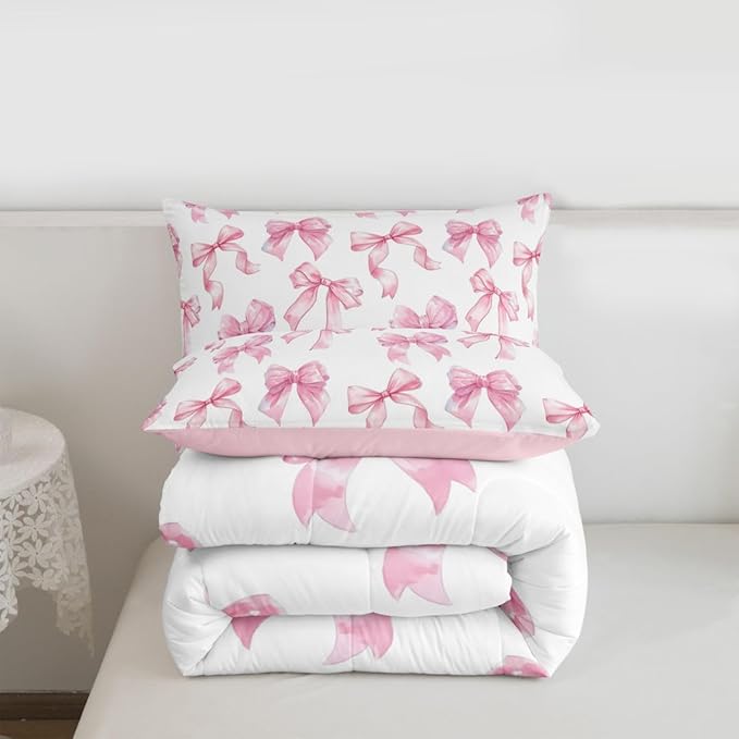 Erosebridal Cute Pink Bow Twin Bedding Set for Girls,Dreamy Coquette Bowknot Comforter Set Girly Princess Style Bedding Comforter Sets Cute Kawaii Pink Bow Bed Set for Kids Teen Women