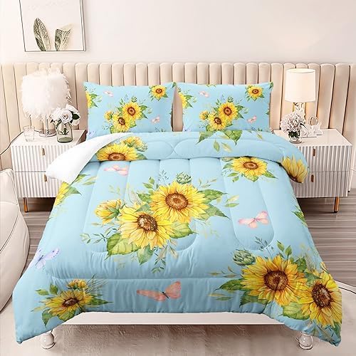 Sunflower Blue Comforter Set King Size for Women Adults,3 Piece Butterfly Floral Bedding Set,Microfiber Quilts with 2 Shams Soft Lightweight Quilt Room Decor,Blue