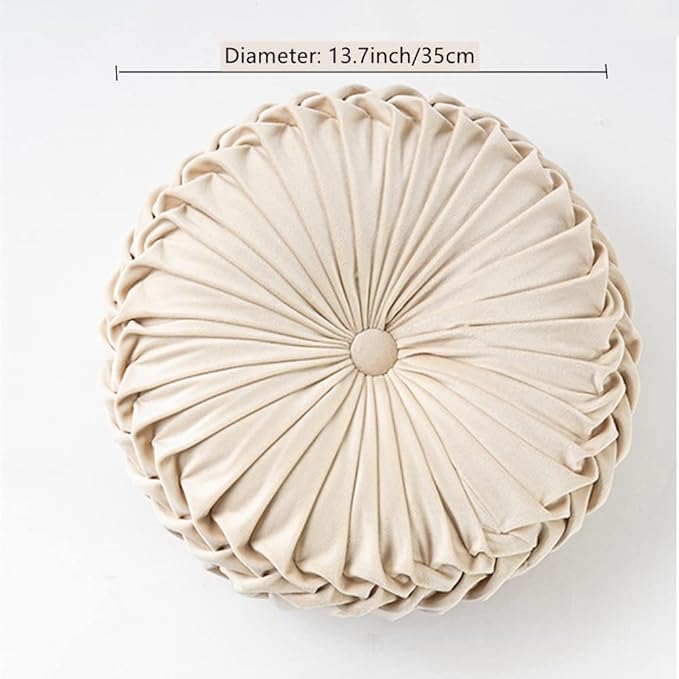 NatureMan 13.7 inch Round Sofa Cushion Pure Color Velvet Home Decor, Pleated Round Cushion, Pumpkin Pillow Suitable for Home Bed car Decoration (Creamy-White)