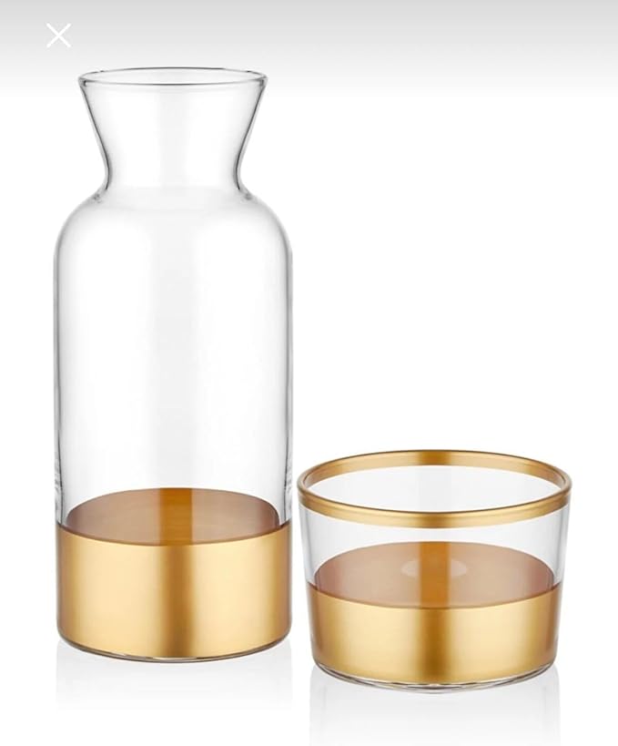 GARIZZE Bedside Water Carafe and Glass Set for Bedroom, Bedside Carafe and Glass Set, Mouthwash Decanter for Bathroom, Water Carafe with Glass Cup for Nightstand (24-oz/7-oz) (Gold)