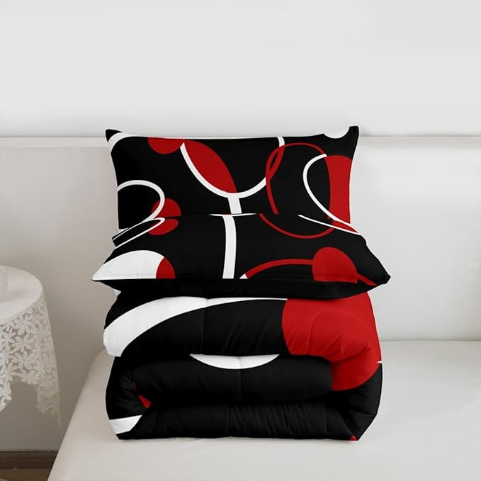 Erosebridal Modern Comforter Set Full Abstract Bedding Set for Kids Teen, White Red Black Down Comforter Geometric Circle Bed Sets, Geometric Quilted Duvet 3 Pieces