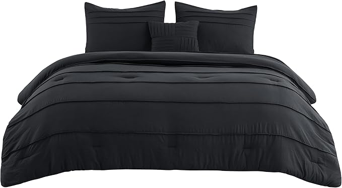 Bedsure Queen Comforter Set - 4 Pieces Pinch Pleat Bed Set, Black Boho Bedding for All Season, 1 Soft Comforter, 2 Pillowcases, 1 Decorative Pillow