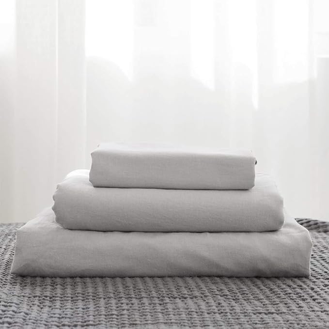 Simple&Opulence Belgian Linen Sheet Set Solid Color - 4 Pieces (1 Flat Sheet, 1 Fitted Sheet & 2 Pillowcases) Natural Flax Cotton Blend Soft Breathable Farmhouse Bedding - Queen Size, Grey