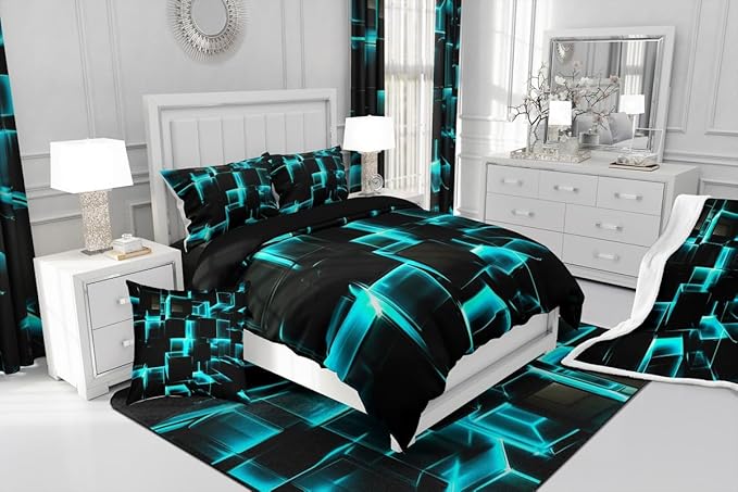 Erosebridal Modern Kids Comforter Set, 3D Plaid Square Print King Size Bed Set for Teen Boys, Black and Teal Soft Microfiber Bedding Sets for All Seasons, 3 Piece