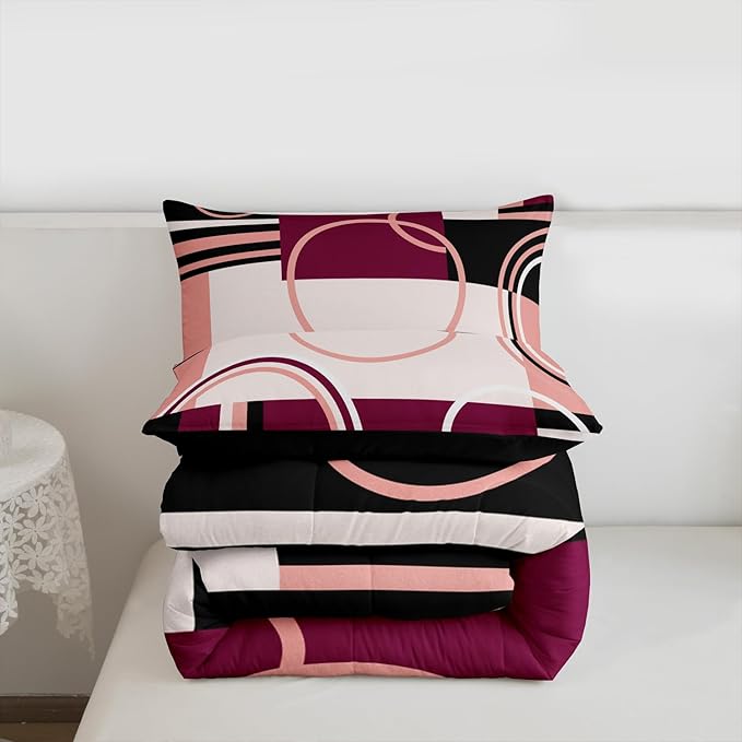 Geometric Circles Swirls Bedding Set Queen Modern Pink Purple Black Gray Comforter Abstract Grid Quilted Duvet Stripes Square Duvet Insert Soft Microfiber Bedding Comforter Sets Simple Style