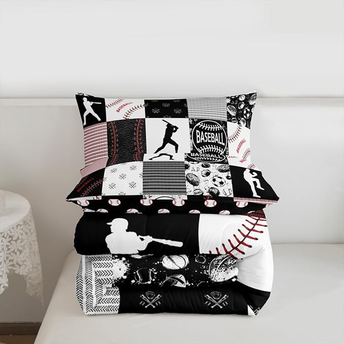 Erosebridal Kids Baseball Comforter Set Full Softball Boys Bedding Set Sports Game Quilted Comforter for Boys Patchwork Down Comforter Baseball Gift Duvet Insert for Teens, Red Black Gray