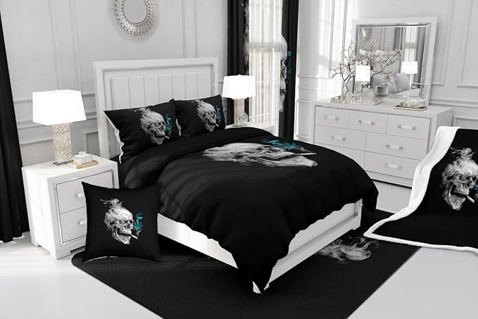 Erosebridal Gothic Skull Bedding Toddler,Turquoise Leaves Comforter Set for Kids Boys Girls,Smoky Skeleton Down Comforter, Plant Tropical Botanical Bedding Comforter Sets