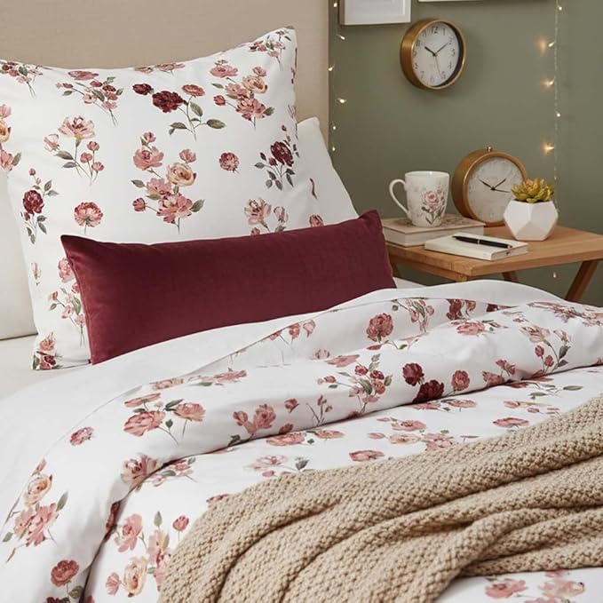 Nayoroom Vintage Floral Comforter Set Queen Size Red Pink Flower Botanical Leaf Pattern Spring Bedding Set 3 Pieces Soft Lightweight Aesthetic Garden Comforter for All Seasons