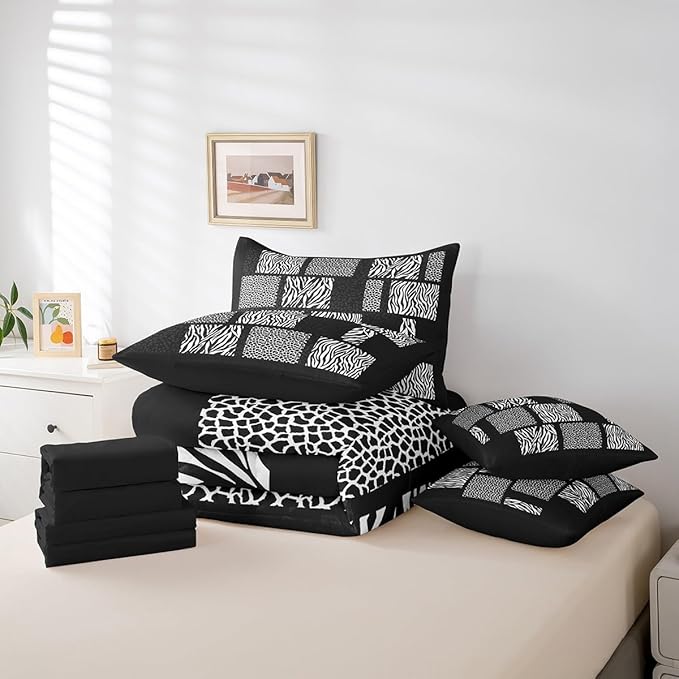Leopard Print Bed Sets in a Bag 7 Pieces,Cheetah Zebra Skin Comforter Set Twin,Wildlife Animals Bedding Set with 1 Comforter,2 Sheets,2 Pillowcases & 2 Throw Pillow Covers,Modern Simple Style