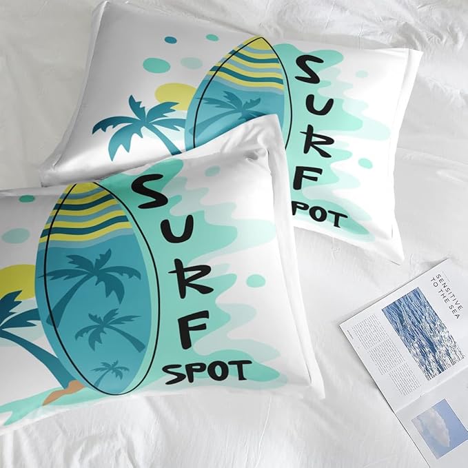 Comforter Set Queen Size, Surfboard Sea Summer 3 Pcs Soft Bedding Set for Kids and Adults, Palm Tree Beach Sun Comforter Set with 2 Pillowcases, for Bedroom Bed Decor