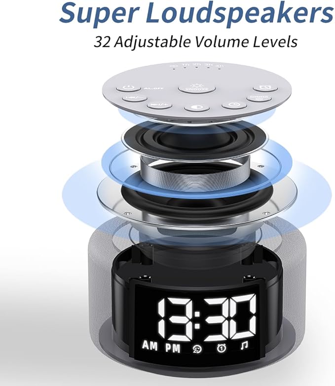 γ3 in 1γ Sound Machine Alarm Clock Night Light White Noise Machine with 30 Sleeping Sounds for Baby Kids Adults 32 Level Volume Auto Off Timer Memory Function Digital Clock with 30 Wake Up Sounds