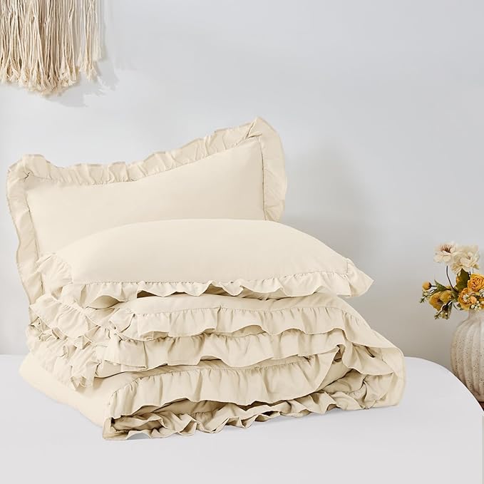 FUANNA Full Size Comforter Sets Cream White, 3 Pieces Ruffle Full Size Bedding Sets, Fluffy Bed in a Bag Full for All Seasons, Shabby Chic Full Bed Set with 1 Lightweight Comforter & 2 Pillowshams