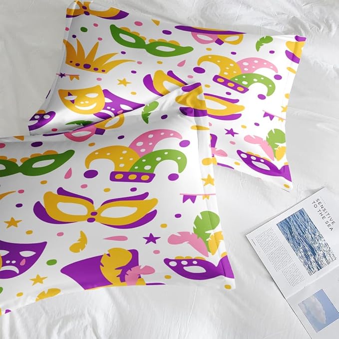 Comforter Set Full Size, Happy Purple Gold Mask 7 Pcs Bedding for Kids and Adults, Mardi Carnival Party Bed Sheet Sets with Fitted Sheet 2 Pillowcases & 2 Shams for Bedroom Bed Decor
