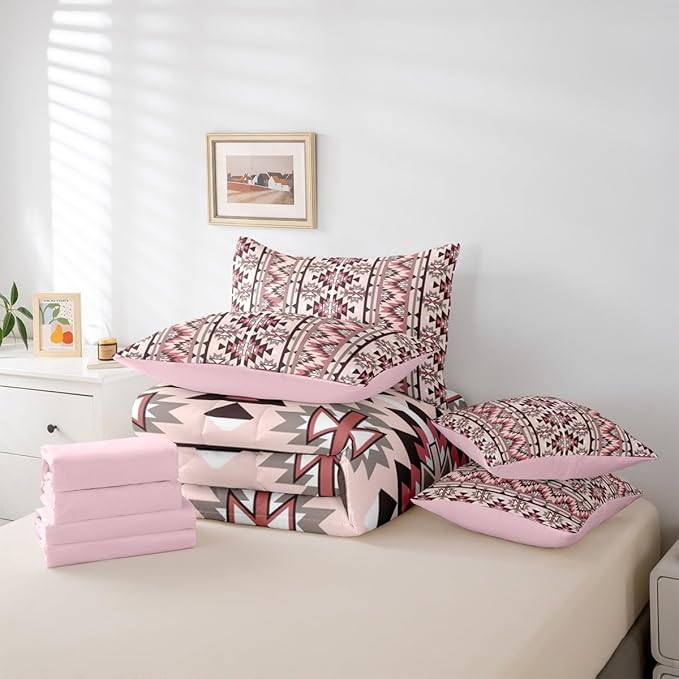 Erosebridal Pink Southwestern Bedding Set Twin 7 Piece Exotic Aztec Nordic Style Comforter Set Western Ethnic Geometric Stripes Bed in A Bag Rustic Tribal Native Bohemian Quilt with Flat Fitted Sheet