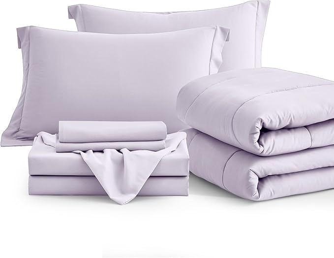Maple&Stone Lavender Comforter Set King, 7 Pieces Bed in a Bag Light Purple - Lightweight Bedding Set with Comforter, Sheets, Pillowcases & Shams, Lilac Purple