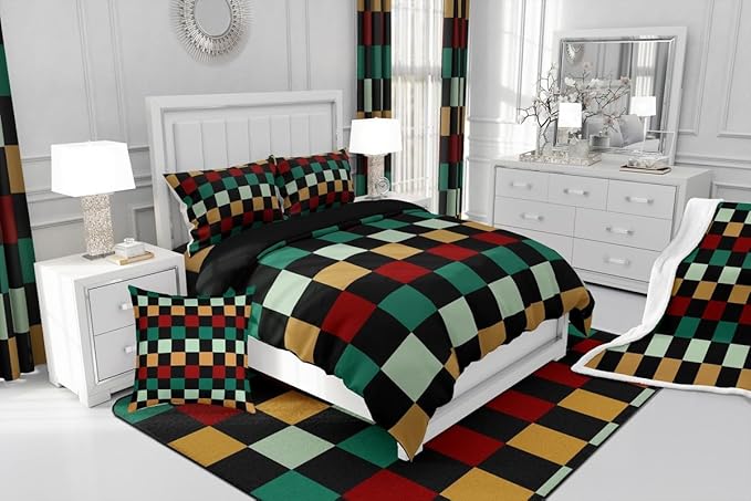 Checkered Retro Comforter Set Full Size Green Red Yellow Plaid Bedding Set for Kids Boys Girls Geometric Vintage Duvet Quilt Modern Simple Groovy Aesthetic Bedroom Decor 3 Pcs with 2 Pillow Cases