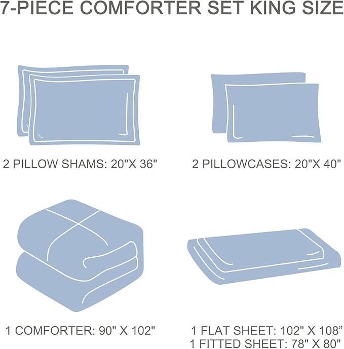 EMME 7 Piece King Embroidery Comforter Set Bed in A Bag, Microfiber Tufted Bedding Comforter with Sheets, Ultra Soft Comfortable Boho Bedding Set for All Season (King, Dusty Blue)