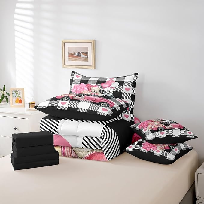 Feelyou Girls Like Cartoon Cute 7 Piece Bedding Set Full Size Me&You Love Car Comforter Set with Sheets for Boys Girls Adult Cute Bear Bed in a Bag Women Men Pink Balloon Bed Set