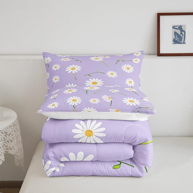 Manfei Cute Flower Comforter Set Full Size, White Daisy Floral Bedding Set 3pcs for Kids Boys Girls Room Decor, Botanical Plants Wildflower Down Comforter with 2 Pillowcases, No Sheets