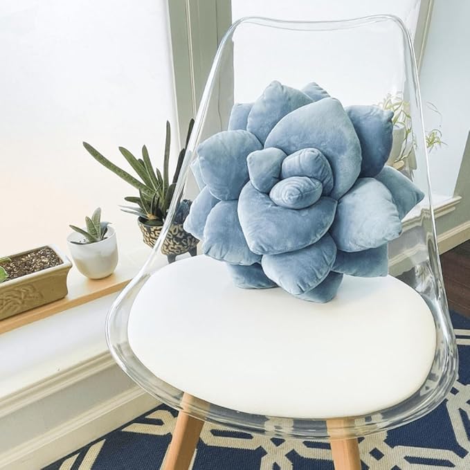 Green Philosophy Co. Succulentยฎ Pillow 16" โ Soft 3D Decorative Flower Throw Pillow, Unique Smokey Blue Plush Flower Cushion, Perfect for Couch, Sofa, Bedroom Decor, Gift for Plant Lovers