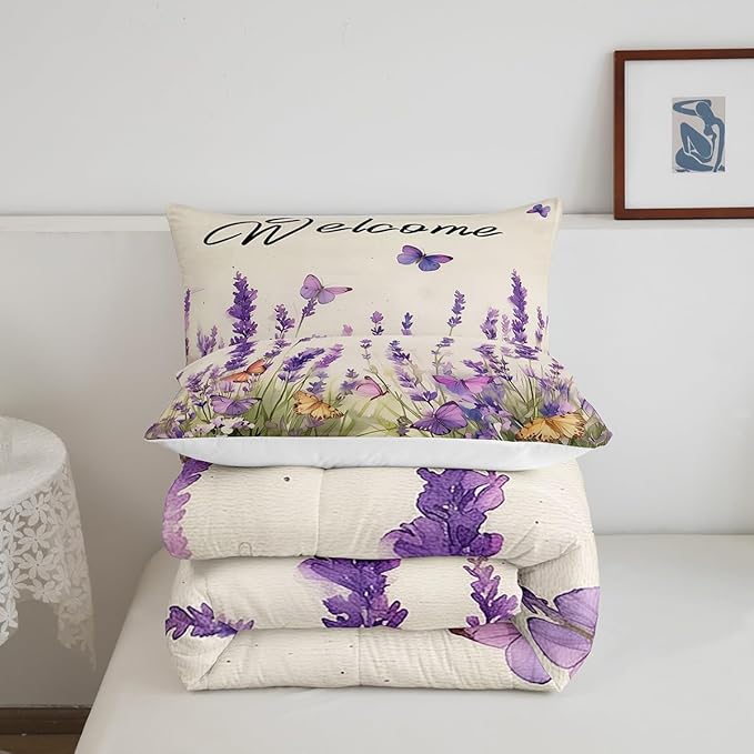 Erosebridal Purple Lavender Bedding Set Twin Spring Watercolor Flowers Butterfly Comforter Set for Kids Girls Women Aesthetics Garden Style Floral Down Comforter Rustic Farmhouse Quilt Duvet