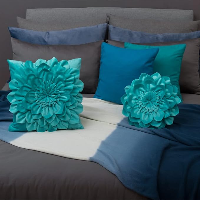 Decorative Throw Pillow 3D Flower Round Pillow Accent Handmade Cushion with Insert for Couch Bed Home Decor 12 Inch Teal