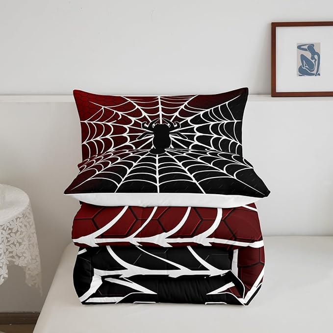 Manfei Burgundy and Black Comforter Set King Size, White Spider Web Print Down Comforter, Halloween Spider Bedding Set for Kids Boys Girls Bedroom Decor, Honeycomb Duvet Insert,2 Pillowcases