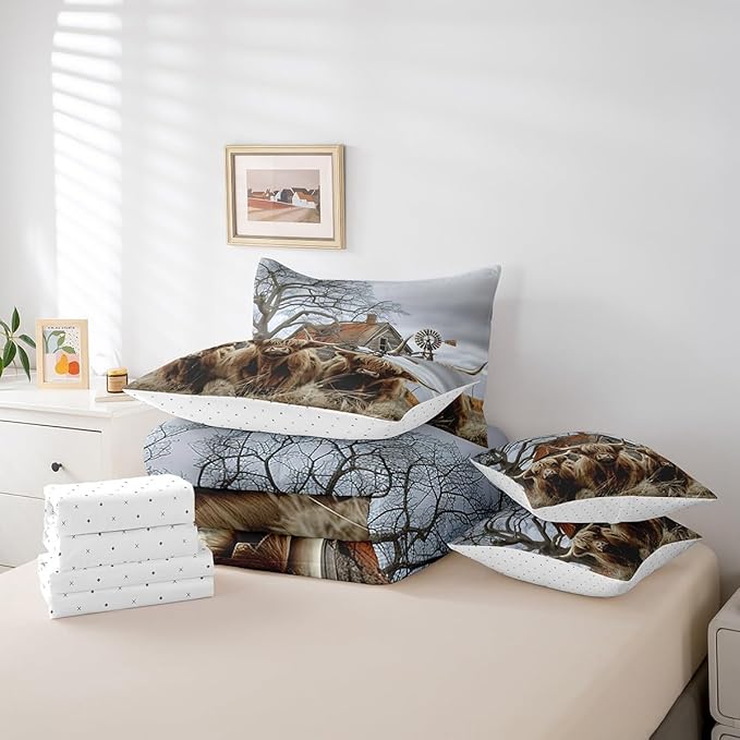 Erosebridal 7-Piece Twin Size Highland Cow Comforter Set with Rustic Farmhouse Decor - 1 Comforter, 1 Flat Sheet, 1 Fitted Sheet, 2 Pillowcases and 2 Throw Pillow Covers