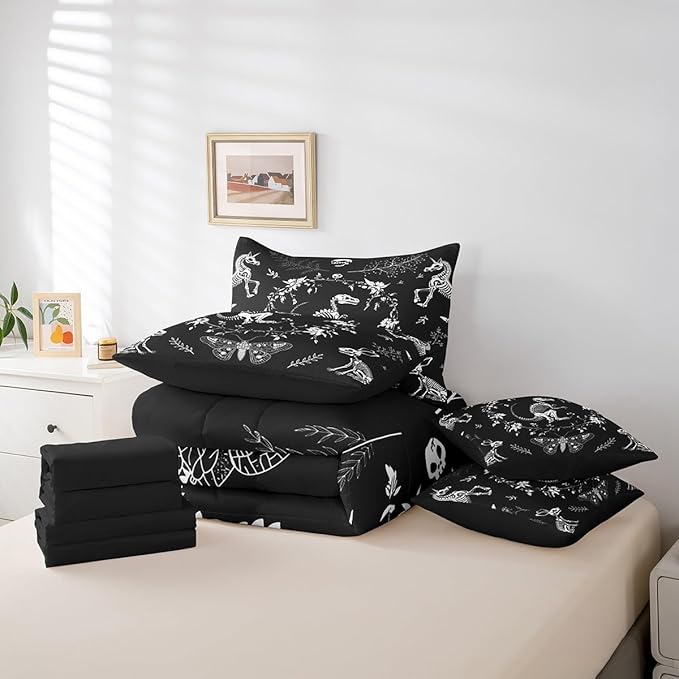 7 Pieces Dinosaur Skeleton Comforter Set for Kids,Gothic Animals Butterfly Bedding Set Twin Size,Exotic Boho Flowers Leaves Bed Sets for Boys Girls Adult Super Soft Fade Resistant Microfiber Bedding