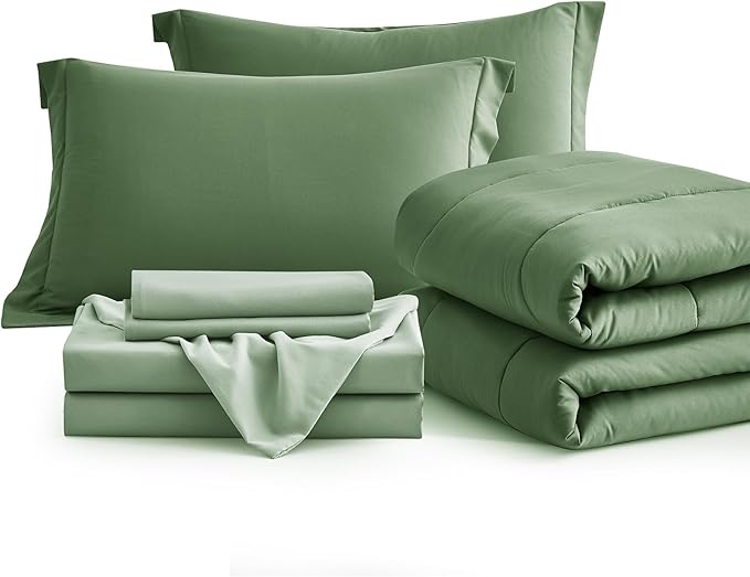Maple&Stone Full Size Comforter Set 7 Pieces Bed in a Bag - Down Alternative Bed Set with Sheets, Pillowcases & Shams, Soft Reversible Duvet Insert, Olive Green