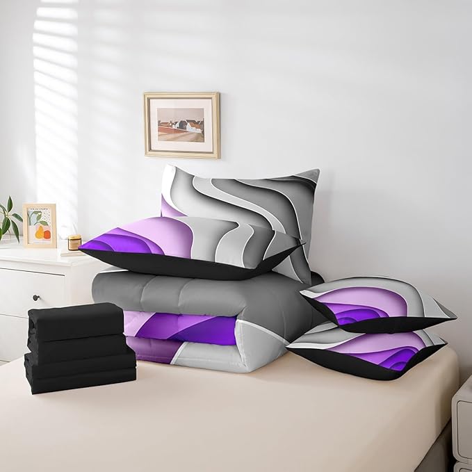Erosebridal Grey Purple Gradient Bed in a Bag 7-Piece for Kids Teens Geometric Stripe Bedding Set, Aesthetic Wave Full Size Comforter Set Modern Abstract Bedding Comforter Sets, Ombre Bed Set