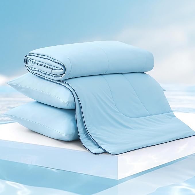 Monbix ChillChilla Cooling Comforter King Size-3 Pieces Cooling Blankets for Hot Sleepers and Night Sweats, Double-Sided Summer King Size Comforter Set, Breathable Lightweight Blanket Blue