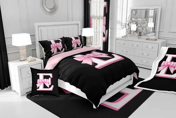jejeloiu Kids Girls Black Pink Bow Comforter Set with Sheets Queen Size Monogrammed 7 Piece Bedding Set Personalized Initial E Bed in a Bag with Comforter,Sheets,Pillowcases Modern Fashion Bed Set