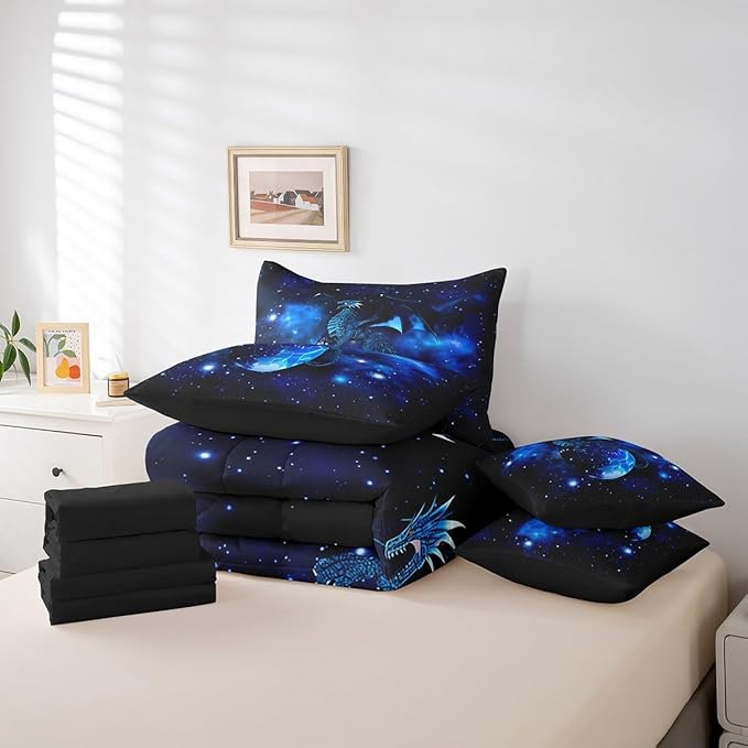 Feelyou Dragon Comforter Set King Size 7 Pcs Galaxy Space Universe Comforter Bed in a Bag Jungle Animals Dragon Bedding Set for Boys Girls Dragon Lover Bed Set with Sheets, Pillowcases, Pillow Covers