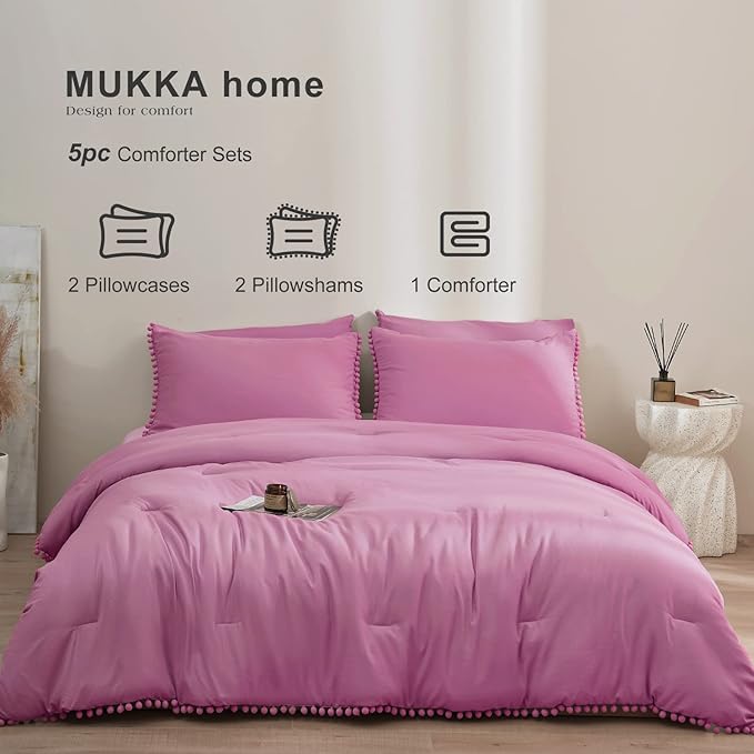 MUKKA Queen Comforter Set 5- Piece Comforter Queen Size Hot Pink, Boho Pom Pom Fringe Comforter Sets Queen Size, Bedding Comforter Sets with 2 Pillowcases 2 Pillowshams
