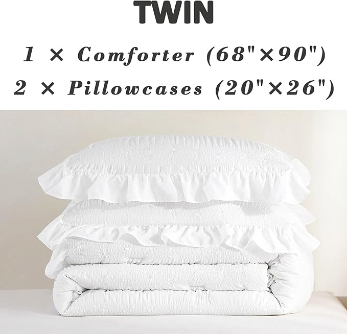 White Twin Comforter Set, Seersucker Vintage Comforter Soft Bedding Set Twin Size 3 Piece Set, Down Alternative Light Weight Comforter Set (White, Twin 68"x90")