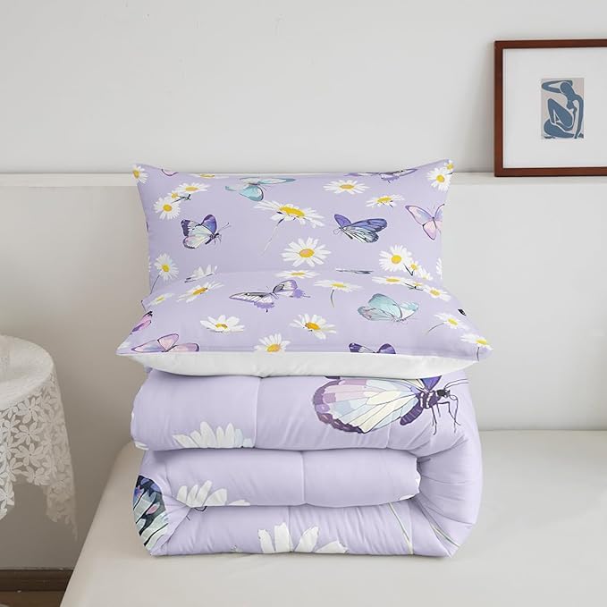 Manfei Purple Comforter Set King Size, Daisy Flower Butterfly Bedding Set 3pcs for Kids Boy Girls Room Decor, Botanical Garden Artwork Quilt Set Soft Polyester Duvet Set with 2 Pillowcases